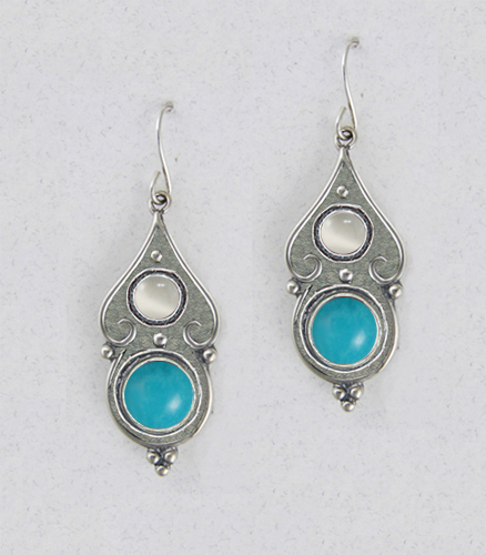 Sterling Silver Gothic Look With Turquoise And White Moonstone Gemstone Drop Dangle Earrings